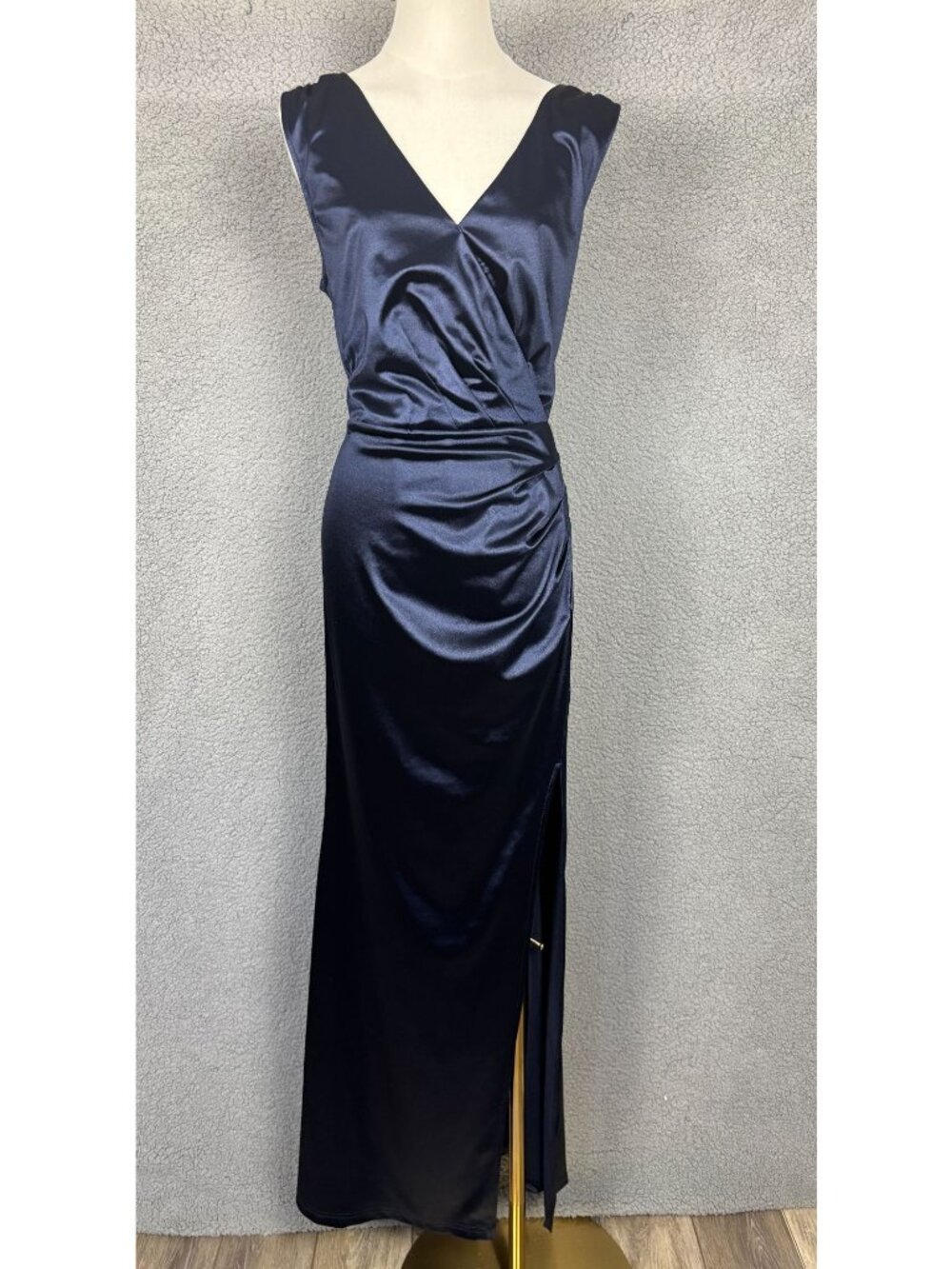 Miusol Navy Satin V-Neck Maxi Dress with Side Slit